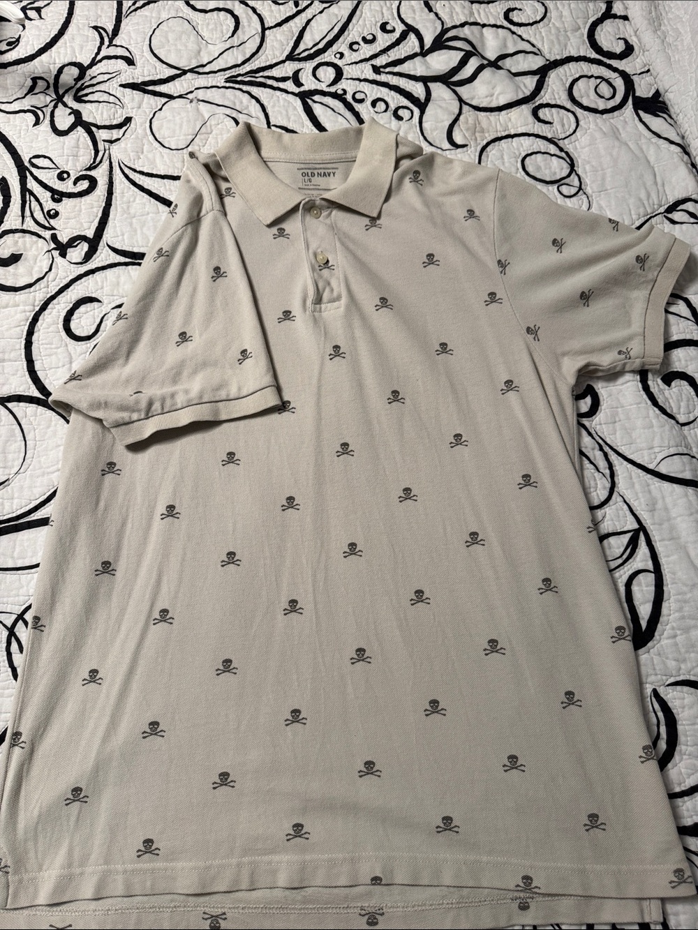 Old Navy Beige Polo Shirt with Black Skull Print